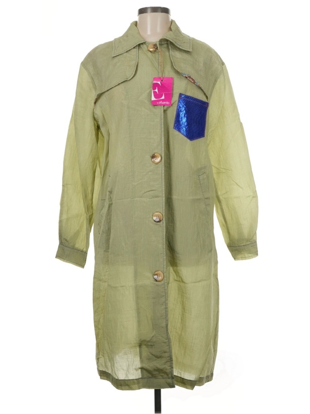 EBARRITO Crepe Trench Coat w Leather Detail in Green Made in Italy Medium NWT